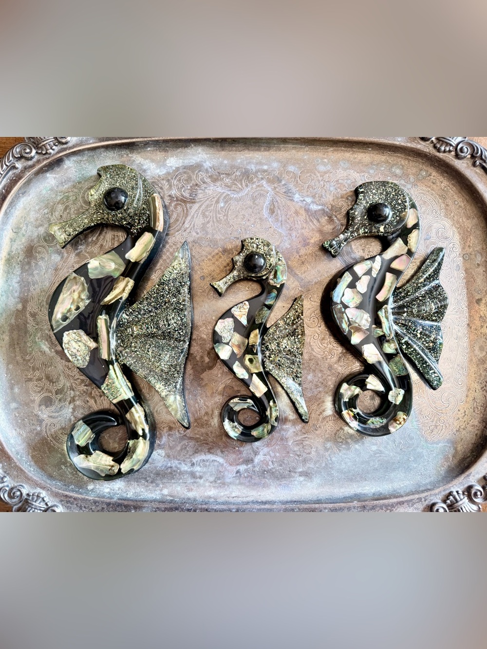 Vintage Lucite and Abalone Seahorse Wall Plaques, Set of 3
